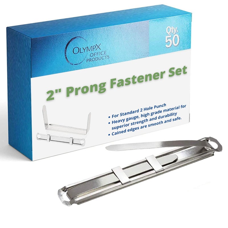 OLYMPX 50 Pcs of 2  Capacity Premium Metal Prong Paper Fastener Complete Set  2.75 Inch Base with Standard 2-Hole Punch Compressor for Paper File Folder  50 per Box - Image 1